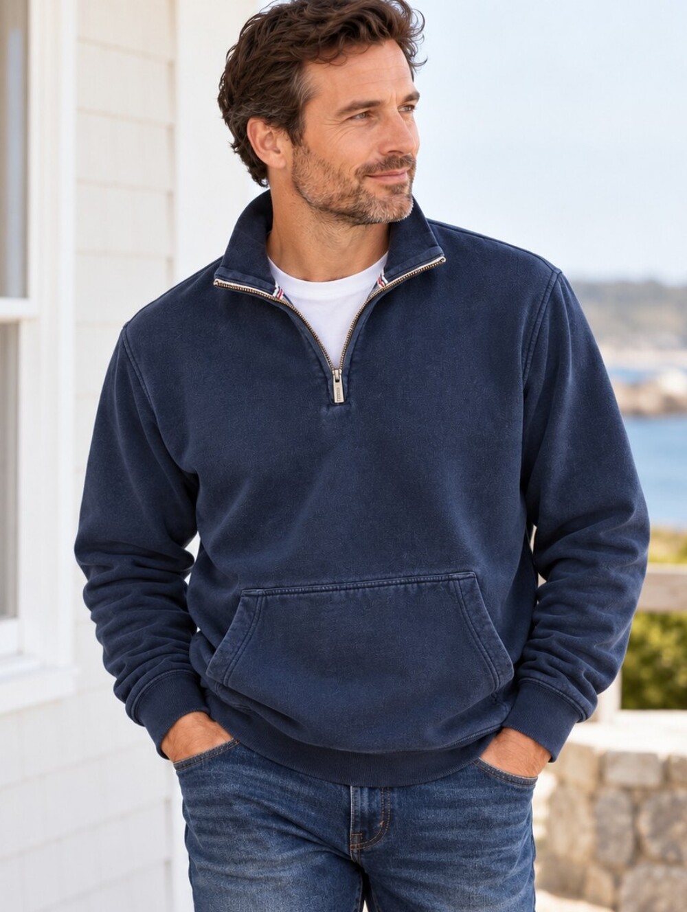 Lands’ End Serious Sweats Men XXL Washed Navy Quarter Zip Sweatshirt Pullover